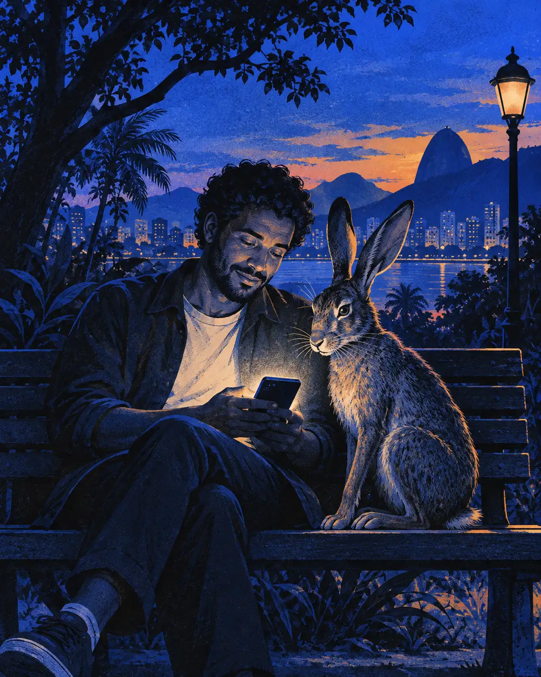 Ilustração: uma pessoa e uma lebre num banco de praça olhando o mesmo celular, ao entardecer no Rio