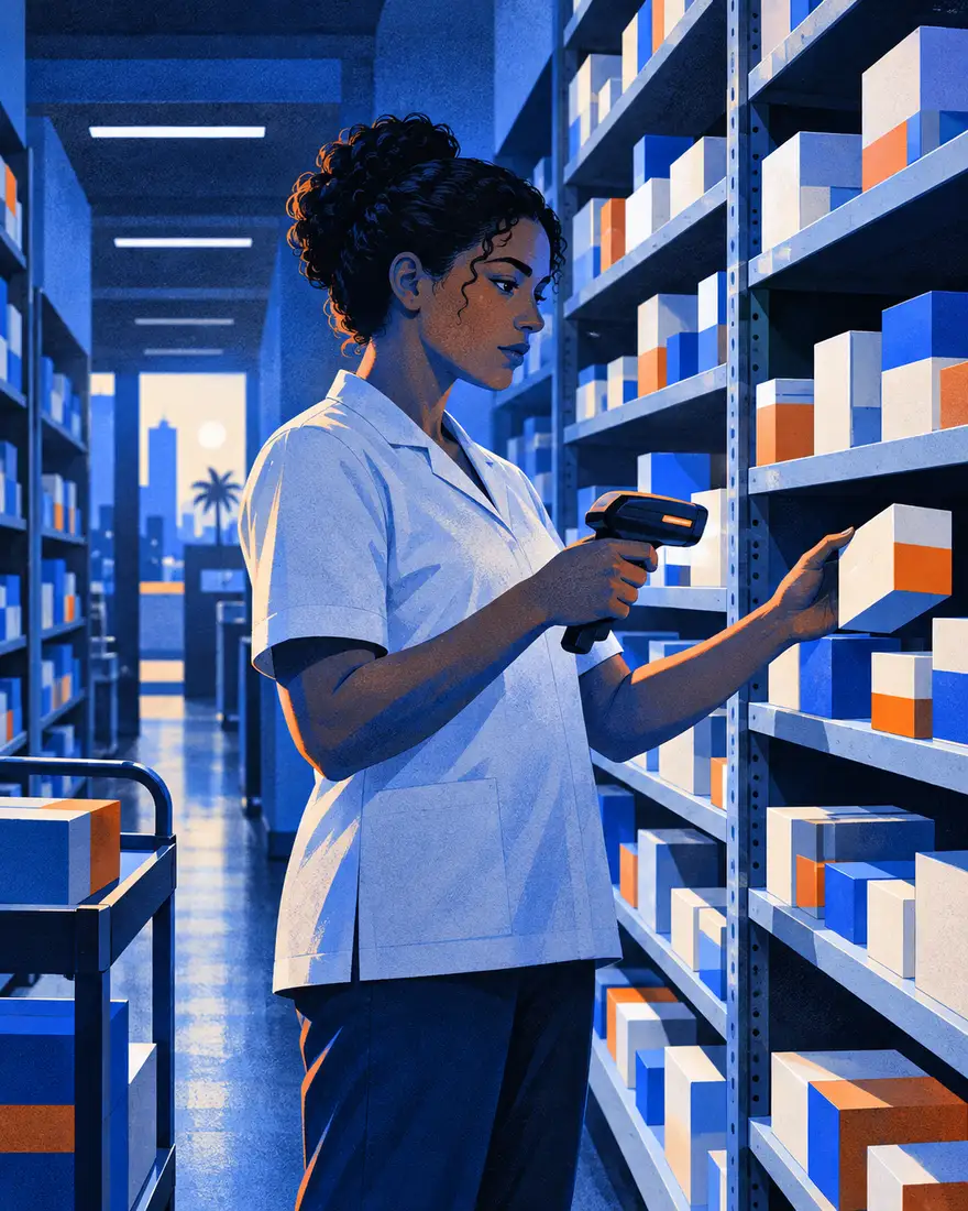 Ilustração: funcionária de farmácia conferindo prateleiras com um leitor, em Goiânia