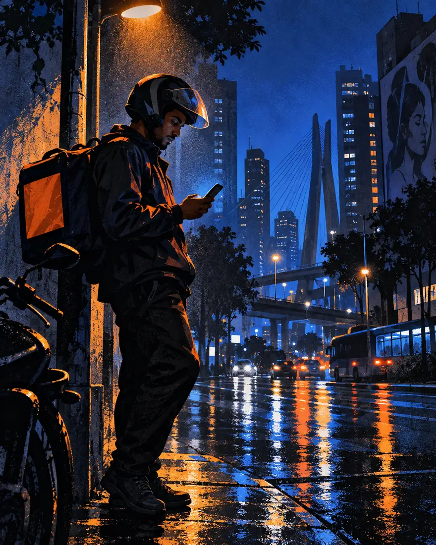 Ilustração: entregador conferindo o fim do turno no celular sob um poste em São Paulo