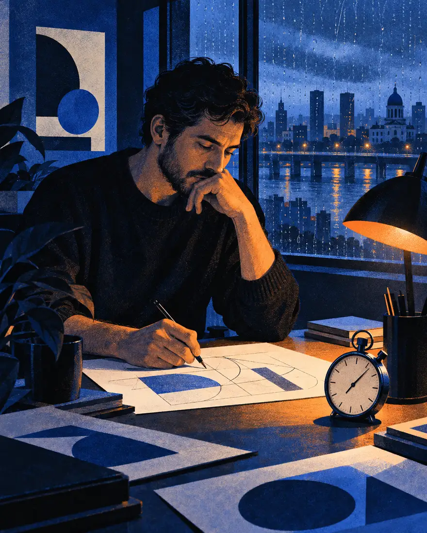 Ilustração: designer desenhando com um cronômetro na mesa, numa noite de chuva em Porto Alegre